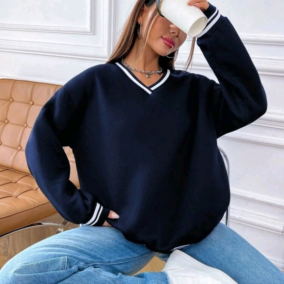 Tops - Striped Trim Drop Shoulder Sweatshirt